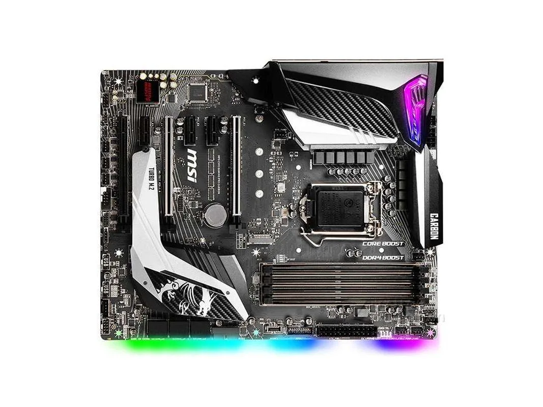 Black ATX motherboard with carbon-fibre finish and LGA 1151 socket