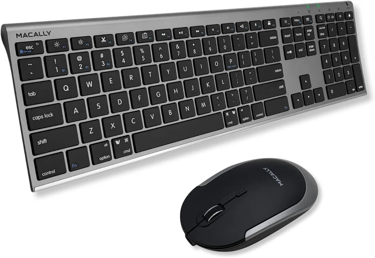 Space Gray full-size keyboard with 110 scissor-switch keys and matching silent mouse