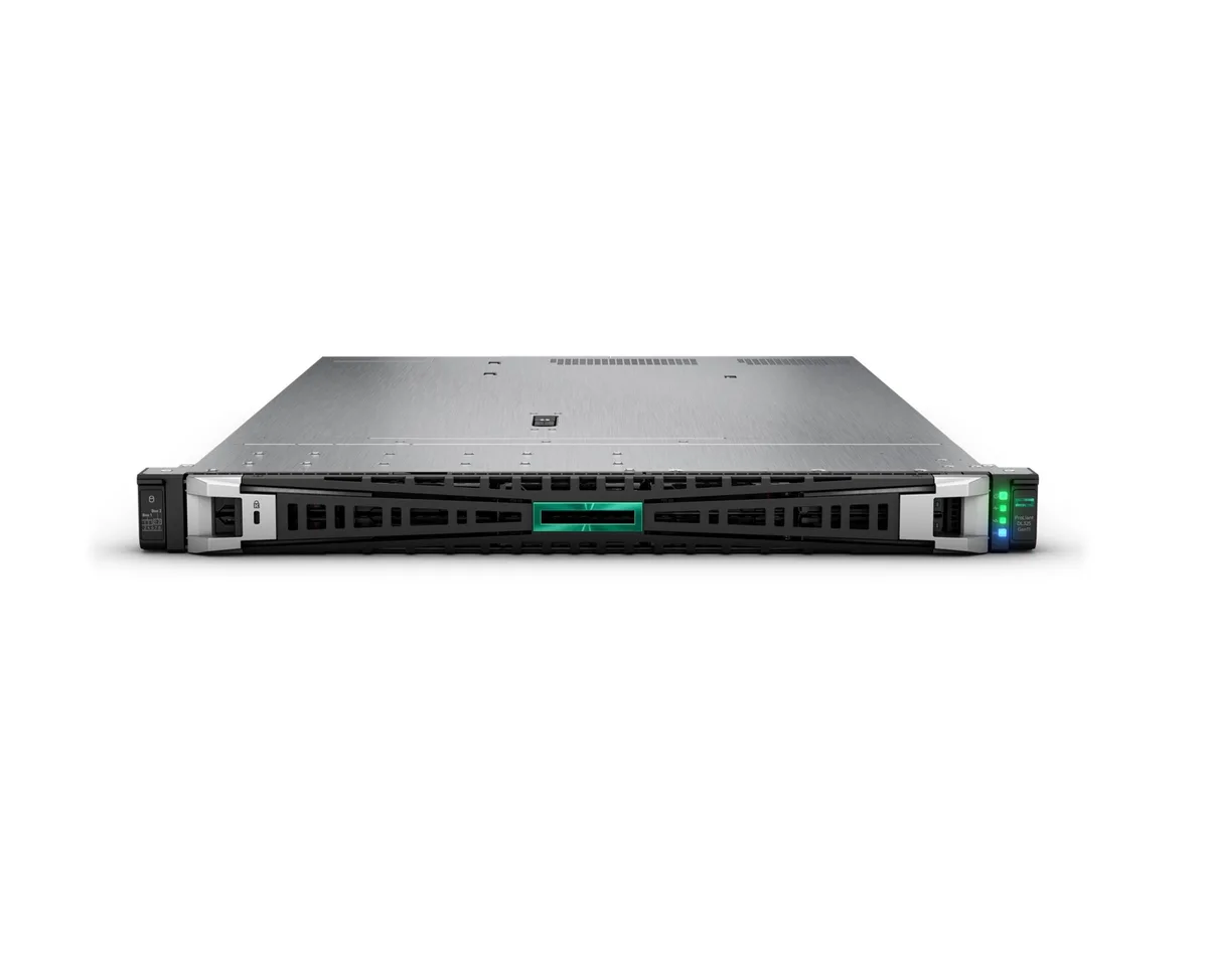 Silver 1U rack server with front drive bays and HPE badge