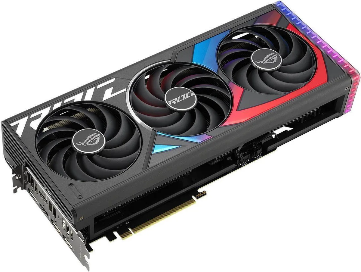 Triple-fan graphics card with silver-metal shroud and vented backplate, 3.15-slot thickness