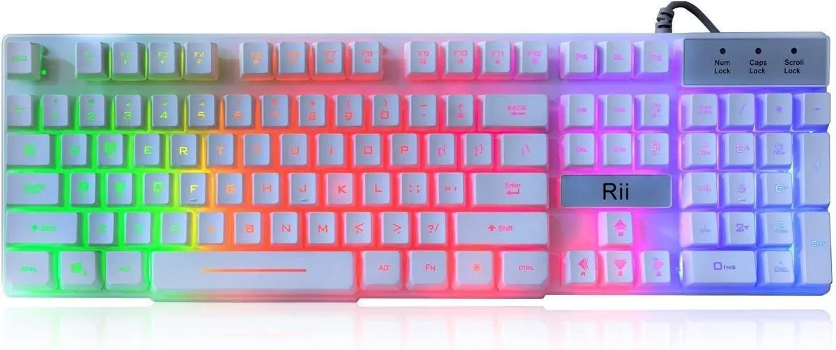 White ultra-slim keyboard and matching mouse with rainbow LED backlighting