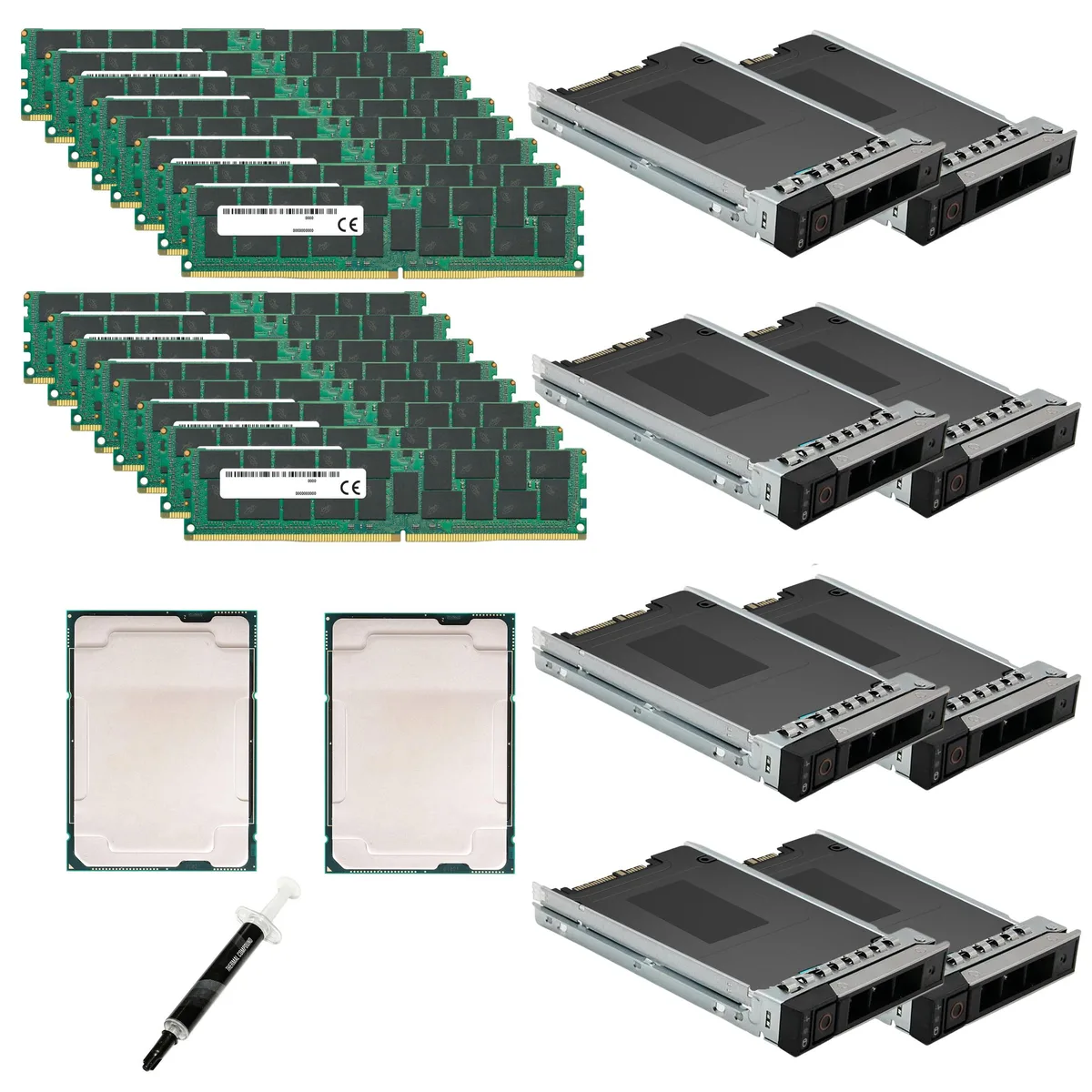 Two Intel Xeon Gold 6140 processors, DDR4 memory modules, and SATA SSDs in anti-static packaging