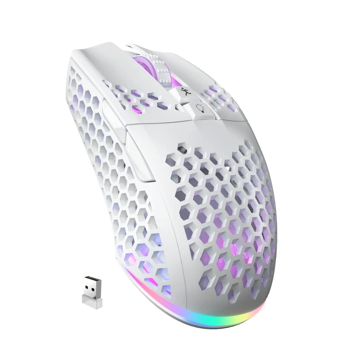 White right-handed gaming mouse with honeycomb shell, seven buttons and RGB lighting