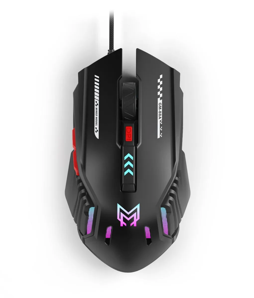 Black wired gaming mouse with LED lighting, six buttons, ambidextrous shape