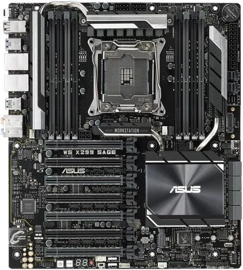 ASUS WS X299 SAGE CEB motherboard, black VRM heatsinks, silver I/O shield, eight DIMM slots, seven PCIe x16 slots
