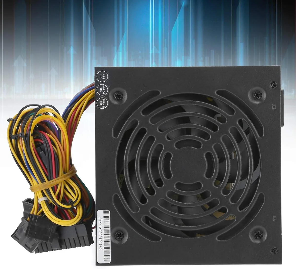 Rectangular metal PSU unit, grey finish, rear fan grille, UK power cord attached