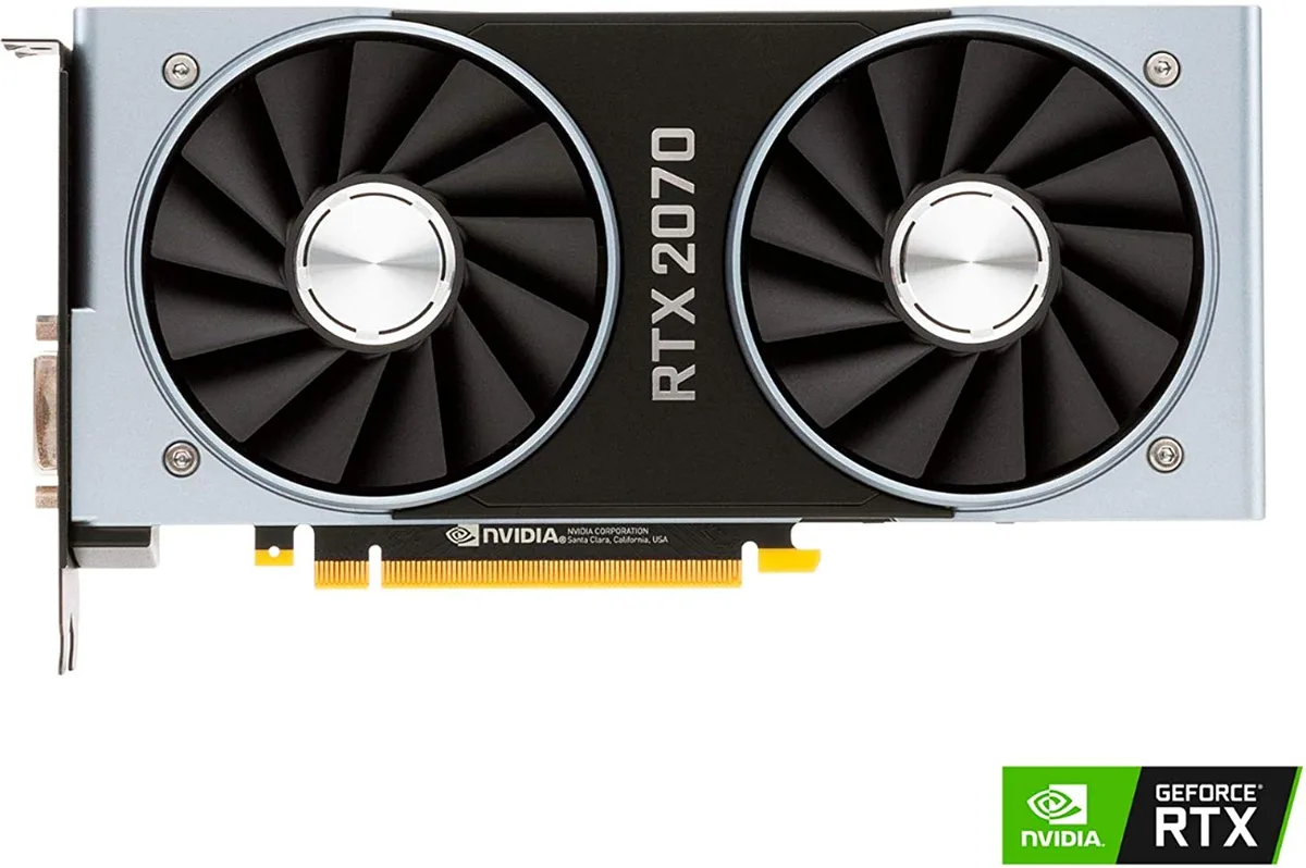 Silver dual-slot graphics card with two axial fans and a vapor-chamber cooler visible through a cut-out shroud