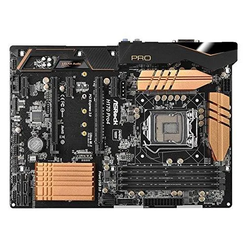ATX motherboard, black PCB with silver heatsinks and blue slots