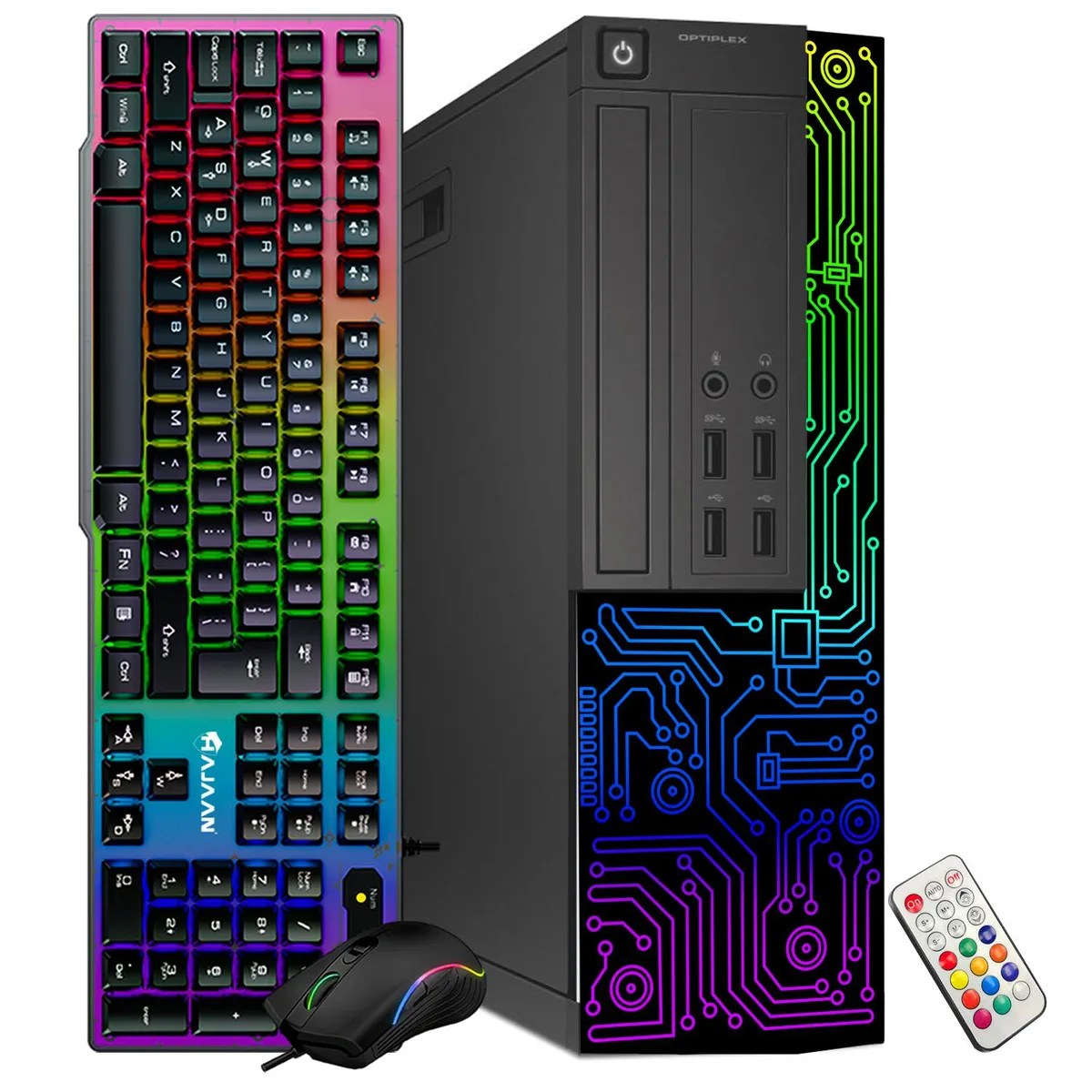 Black Dell OptiPlex small-form-factor desktop with front RGB panel, wired RGB keyboard and mouse