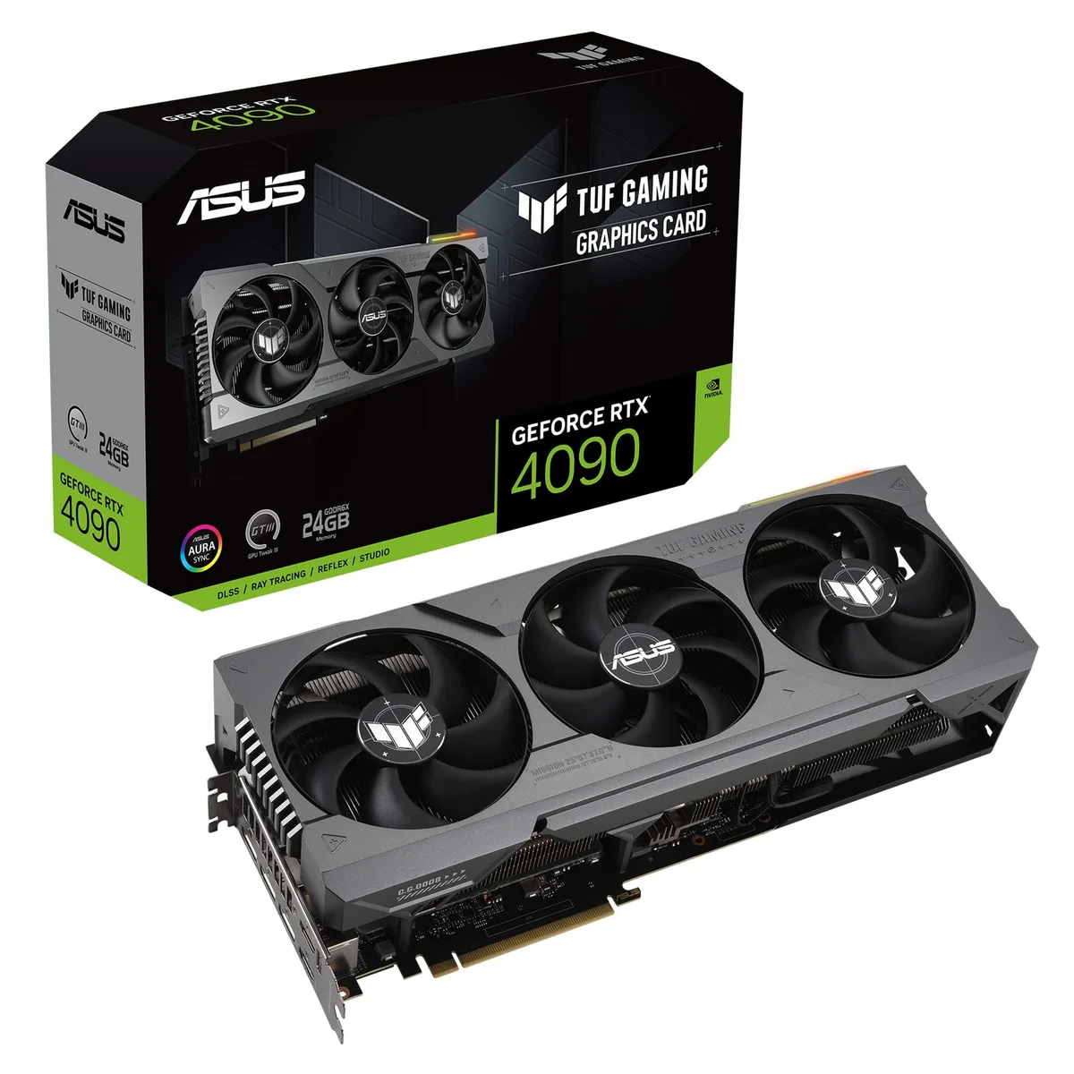 ASUS TUF Gaming GeForce RTX 4090 graphics card with three axial fans and industrial grey shroud