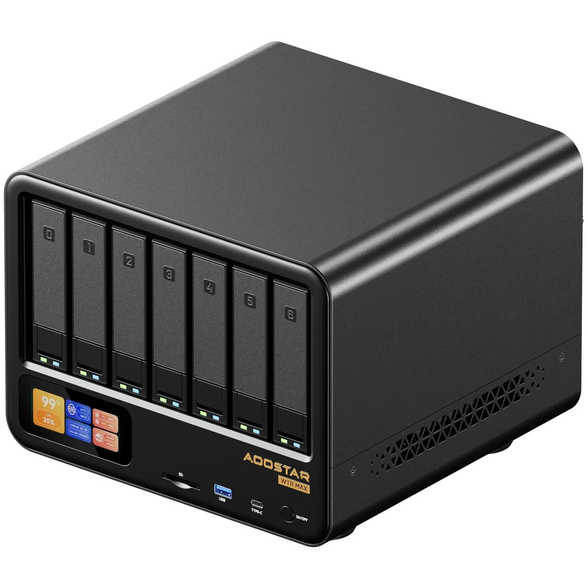 Compact black mini PC with front status screen and eleven drive bays