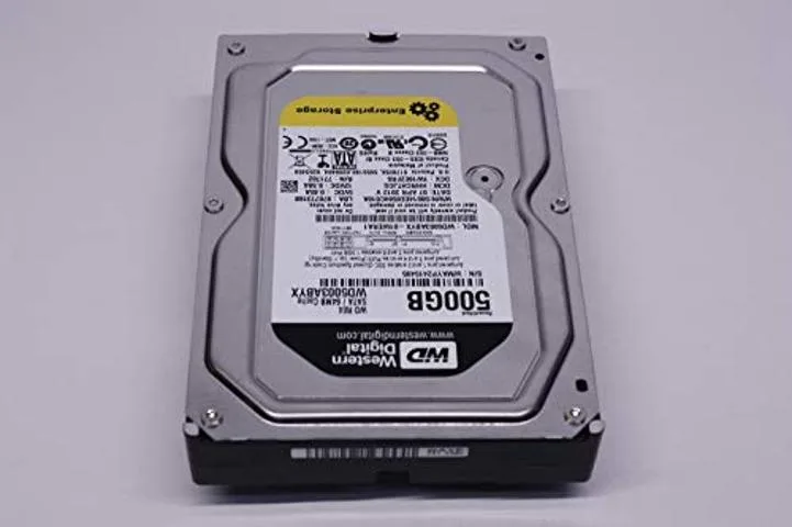 Silver 3.5 inch internal hard drive with green circuit board and white label