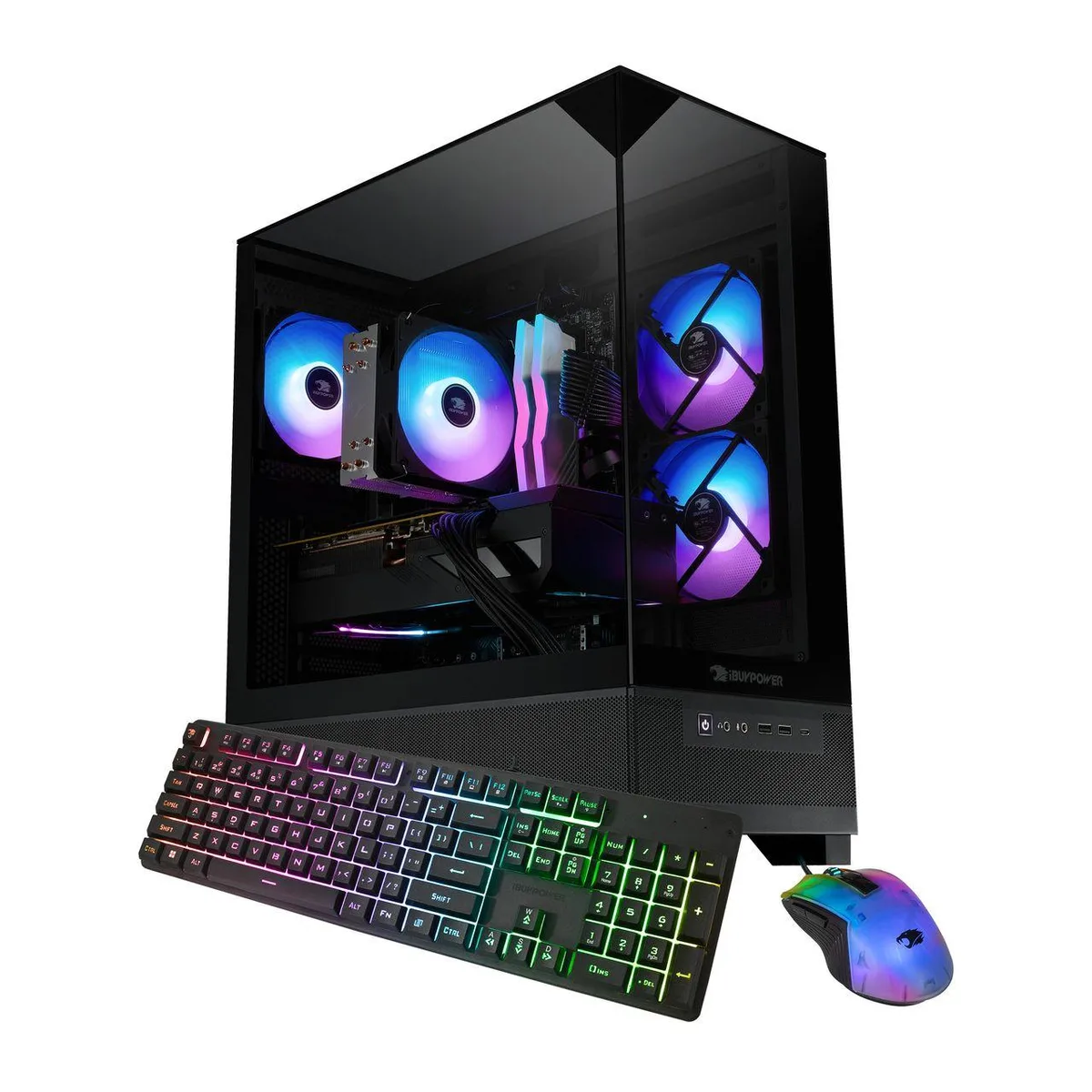 Black tower desktop with RGB lighting visible through side panel