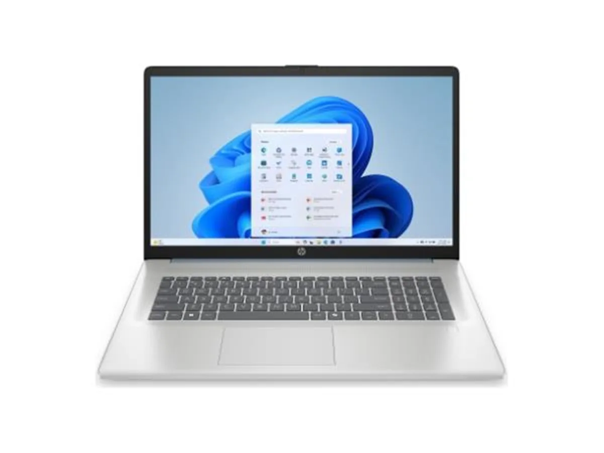 Silver-blue 17.3 inch laptop with narrow screen border and matching mouse