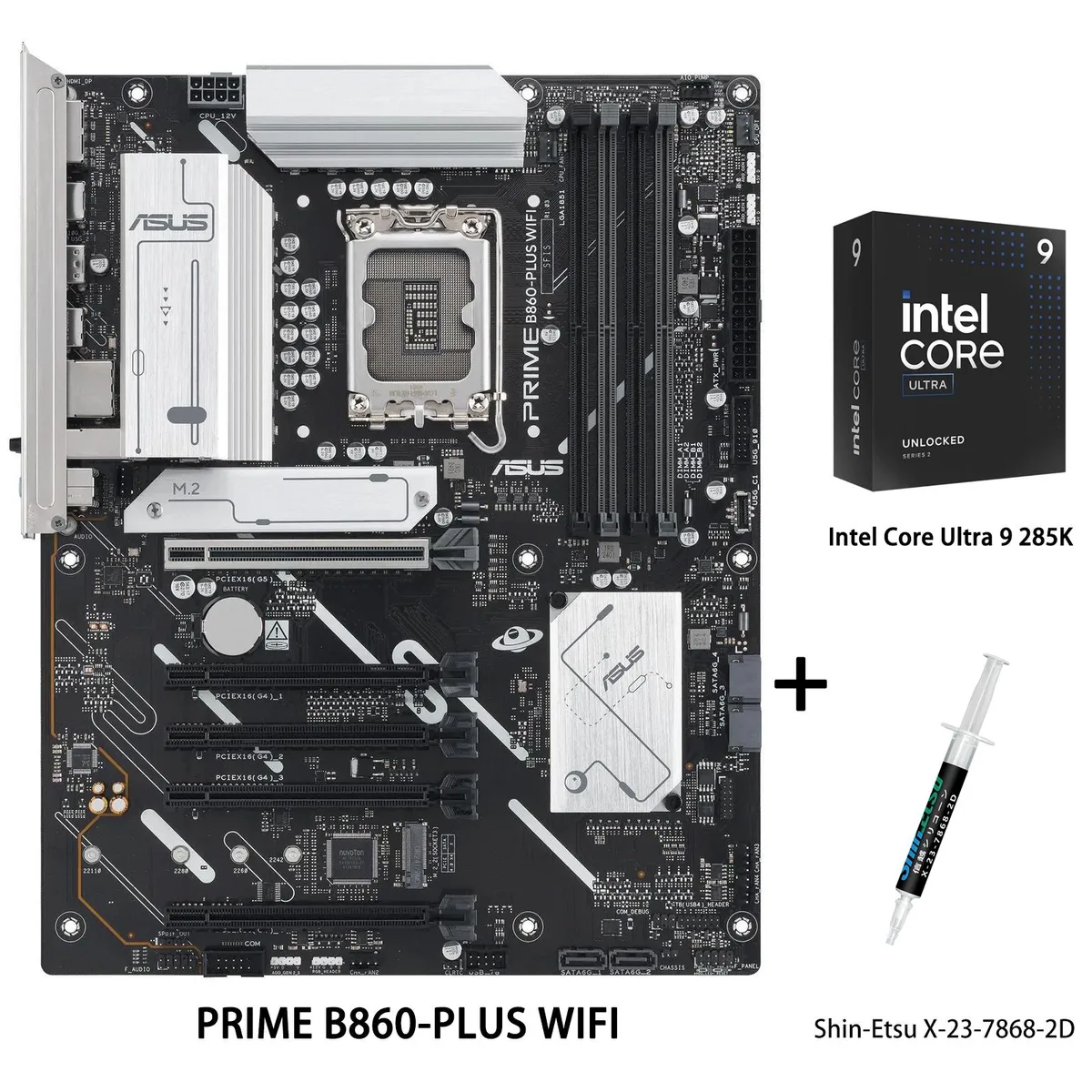 ATX motherboard with silver heatsinks, black PCB, mounted CPU cooler, thermal grease syringe