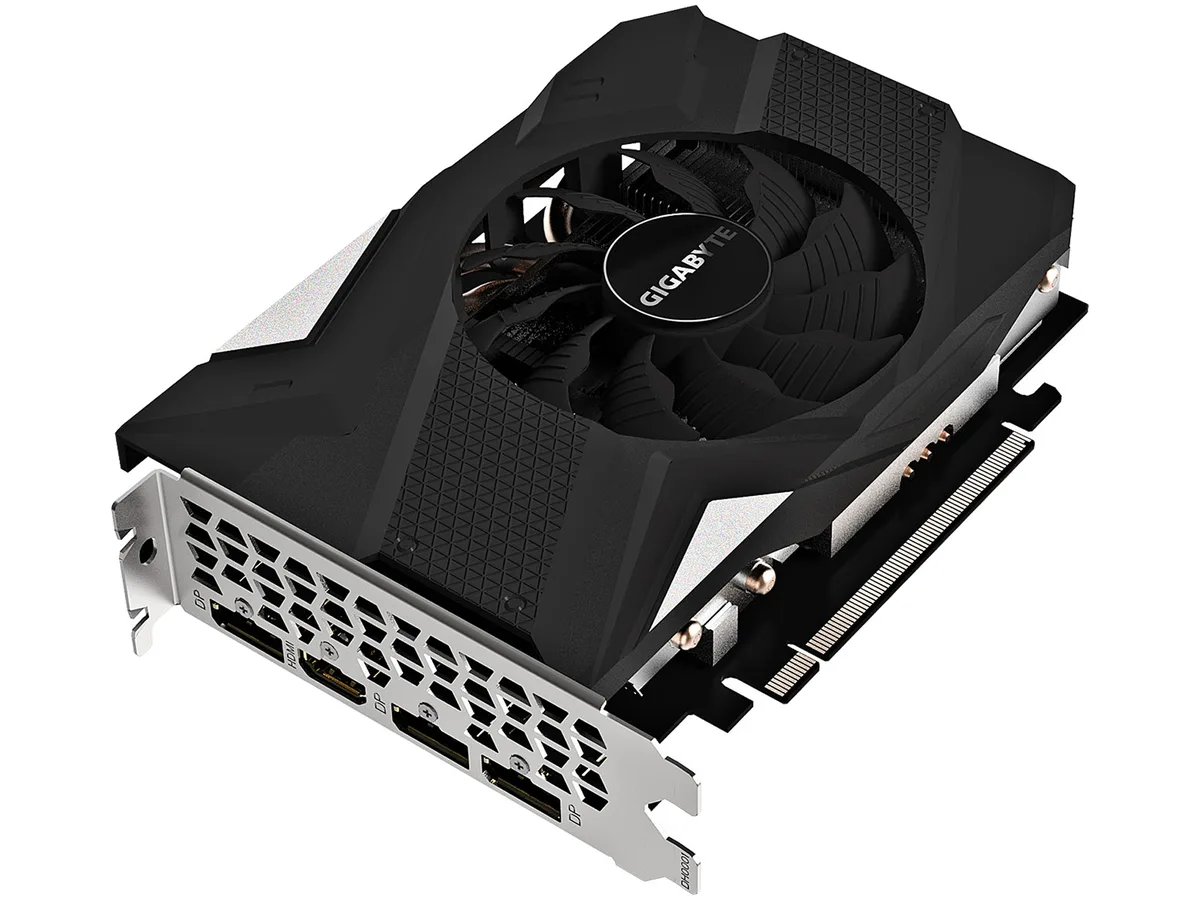 Compact black ITX graphics card with single 90mm fan, 170mm length, dual-slot cooler, one HDMI and three DisplayPort outputs