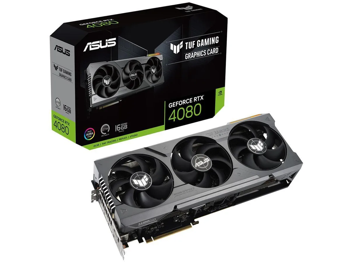 Black triple-fan graphics card with metal exoskeleton and 16-pin power connector
