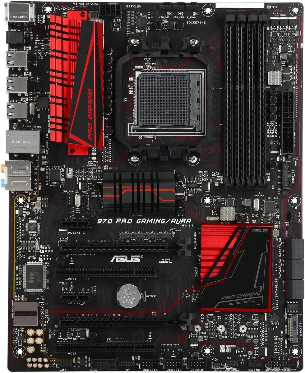 ATX motherboard with black PCB and metallic heatsinks