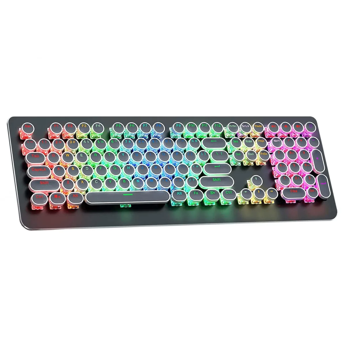 Black typewriter-style mechanical keyboard with round vintage keycaps, aluminum panel, 108 keys, RGB backlighting, wired USB connection