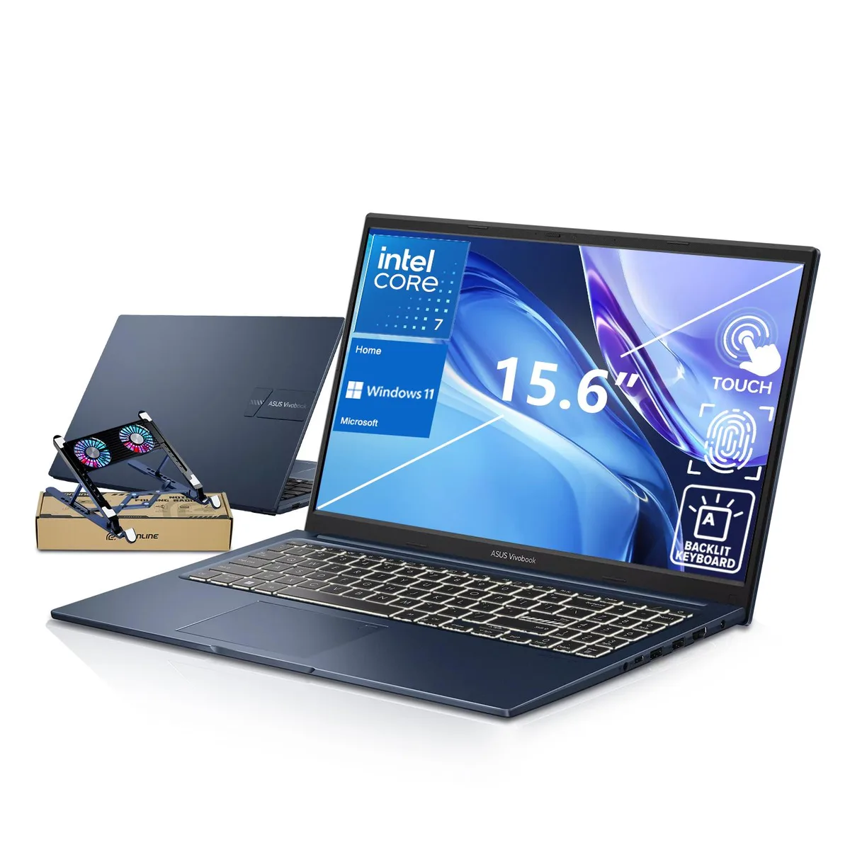 Blue 15.6 inch touchscreen laptop with matching cooler