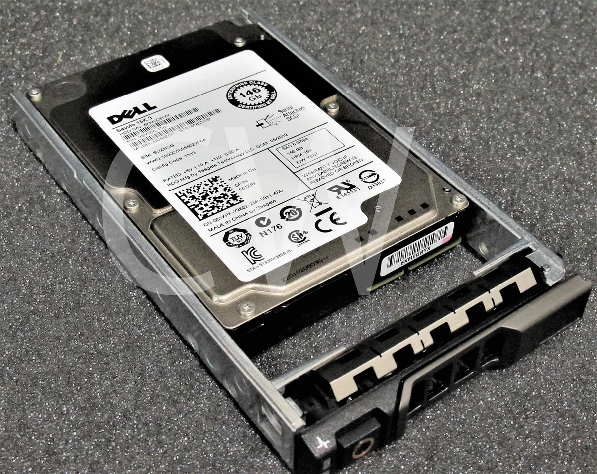 A 2.5 inch SAS hard drive in a Dell R series tray
