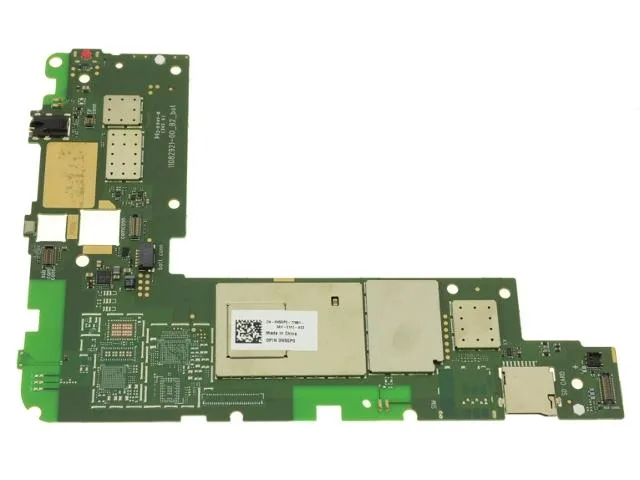 Green rectangular tablet motherboard with black chips and silver connectors