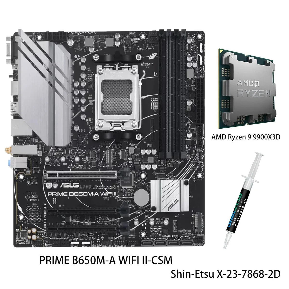 ASUS PRIME B650M-A WIFI II-CSM motherboard with AMD Ryzen 9 9900X3D CPU in AM5 socket