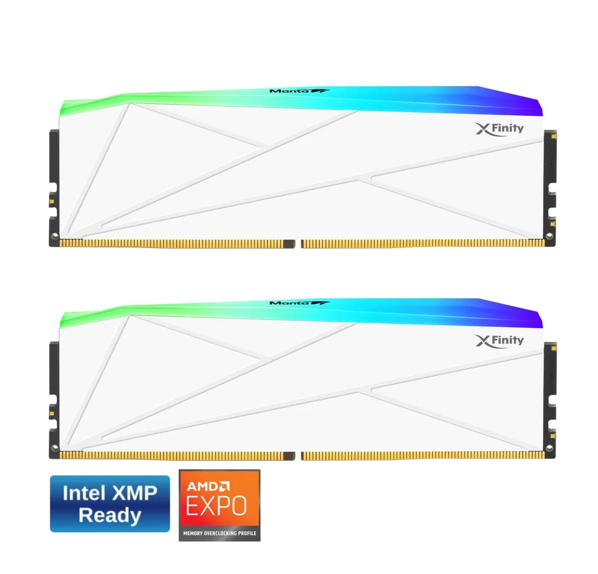 Two white DDR5 memory modules with geometric grooved heatspreaders and RGB lighting