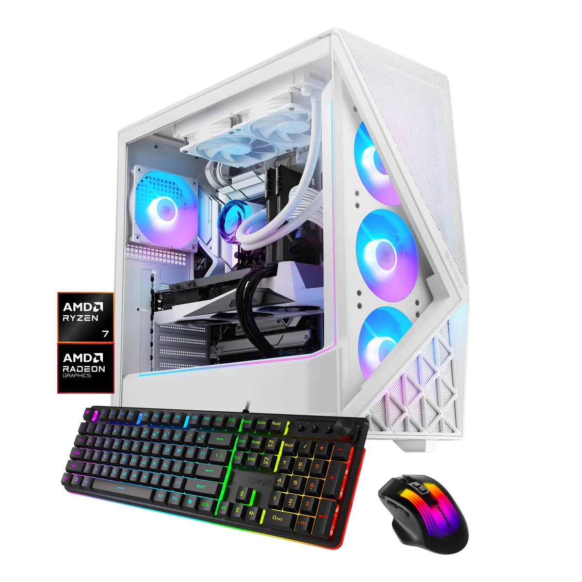 iBUYPOWER iBUYPOWER SWA7R97G01 gaming PC Ryzen 7 7700X3D Radeon RX 9070 GRE 12GB 32GB DDR5 1TB NVMe White — product photo