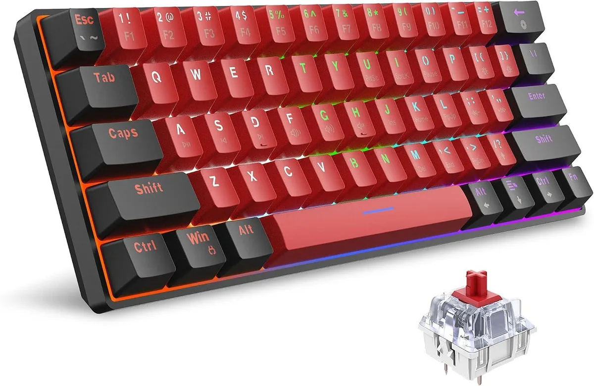 Compact 60 percent mechanical keyboard black red finish with rainbow LED backlight and detachable USB-C cable