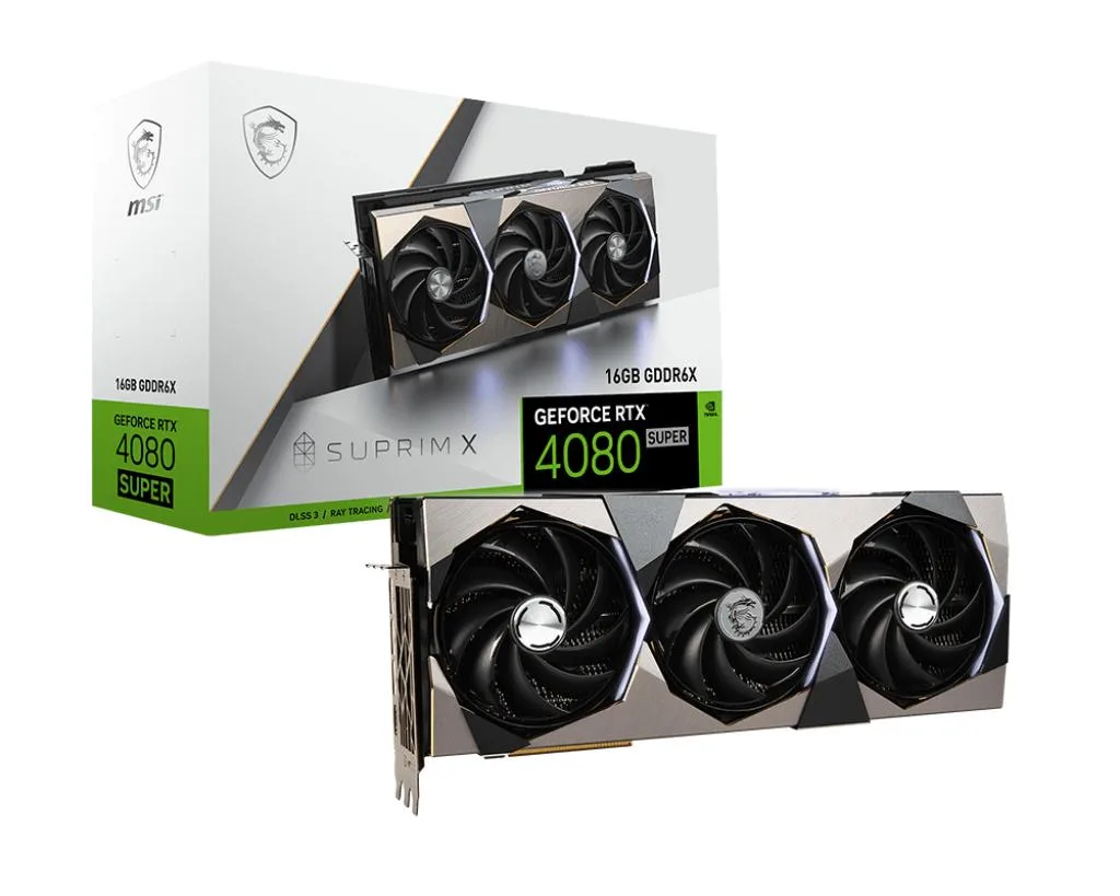MSI Suprim RTX 4080 SUPER graphics card with three fans and brushed metal finish
