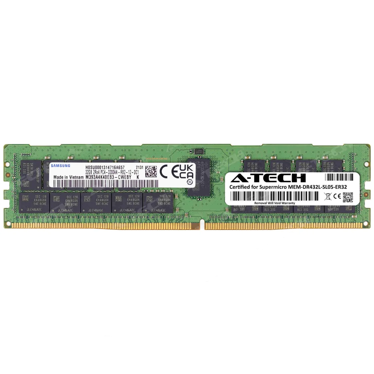 Green 288-pin RDIMM module with black Samsung chips and silver heatspreader