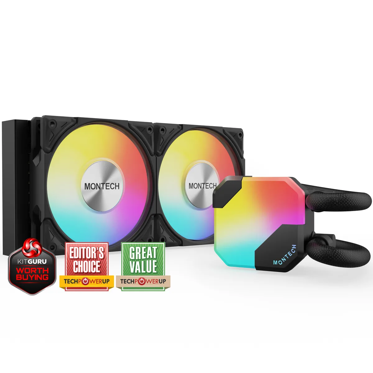 Black 240 mm AIO liquid cooler with two 120 mm ARGB fans and 27 mm radiator