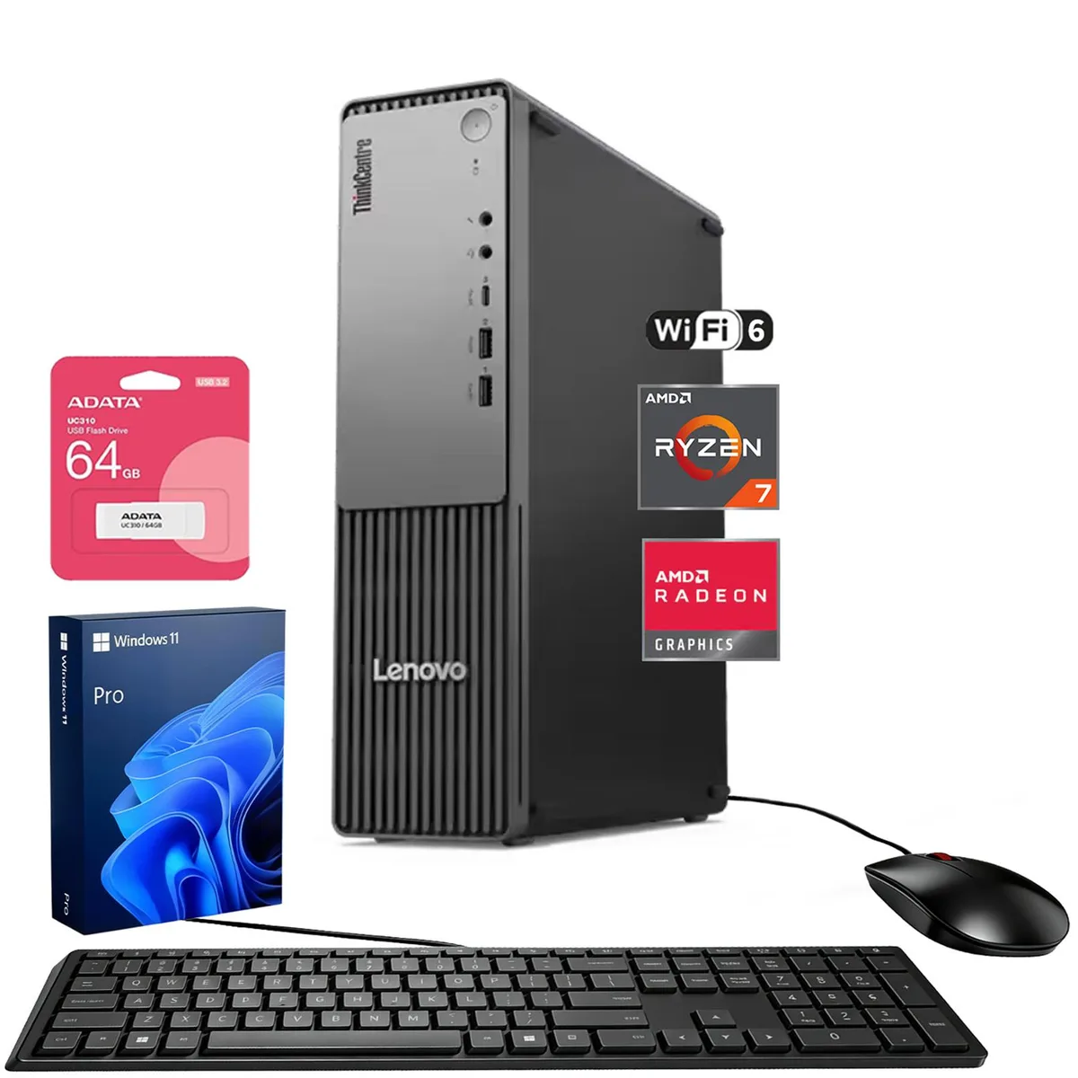 Black mid-tower desktop with compact front panel