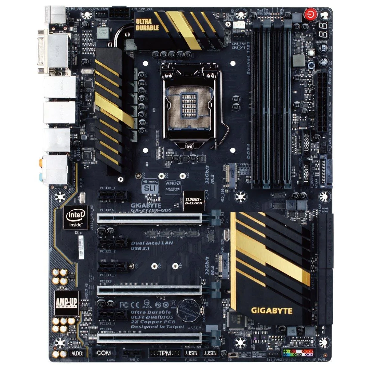 ATX motherboard, black PCB with silver heatsinks and multiple expansion slots