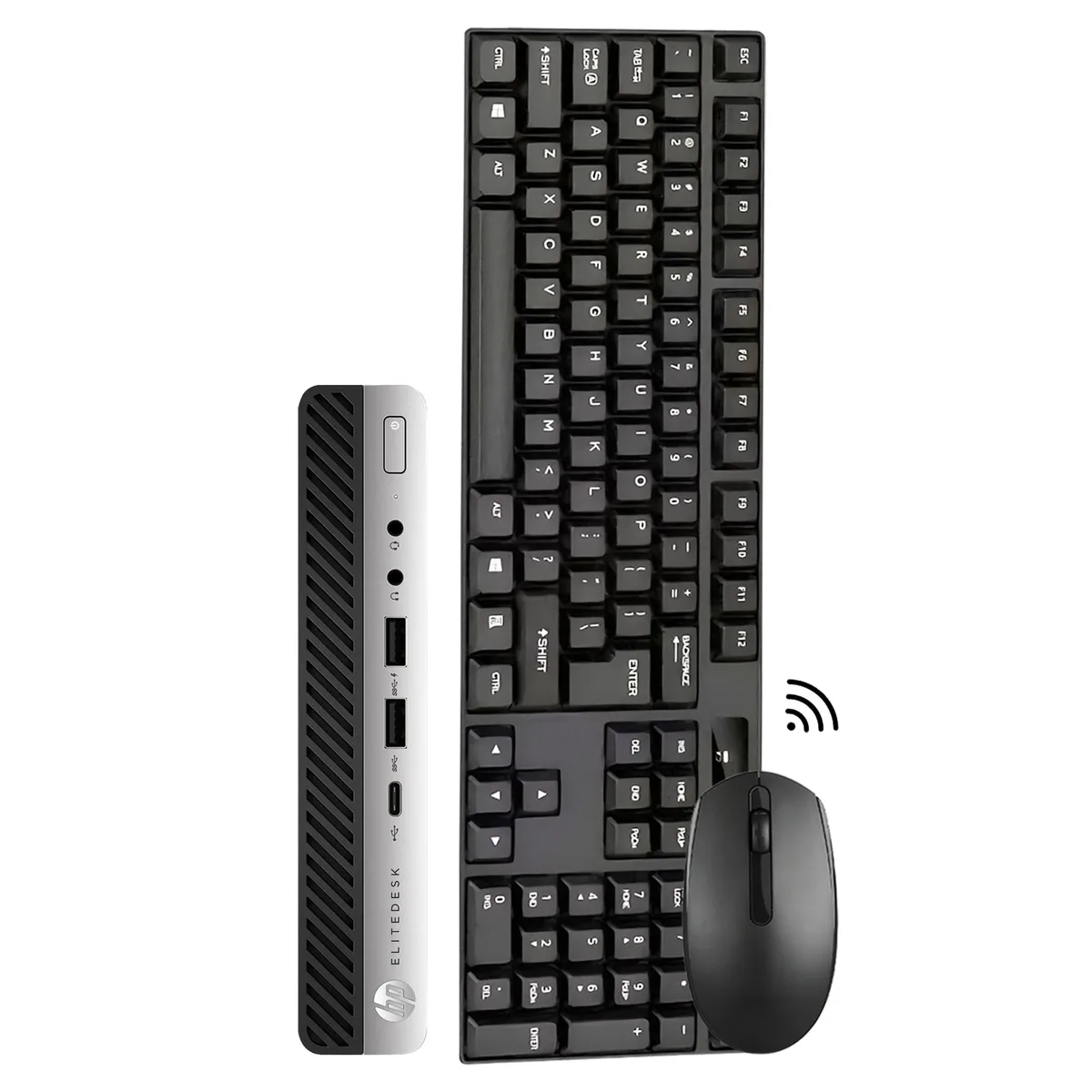 Small black and silver desktop cube with wireless keyboard and mouse