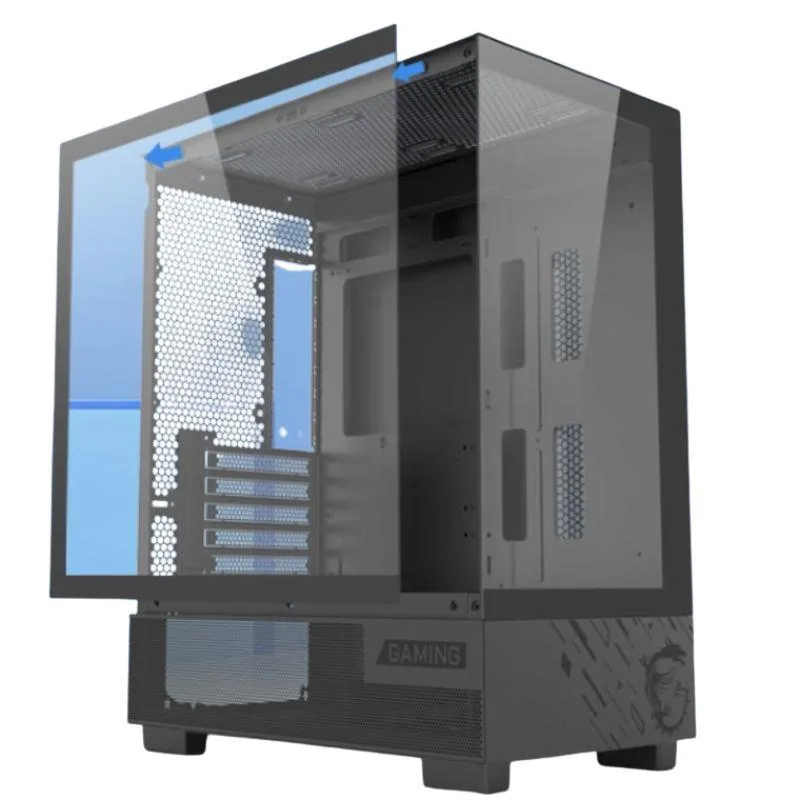 Black small form factor case with frameless tempered glass side panel and 270 degree panoramic view