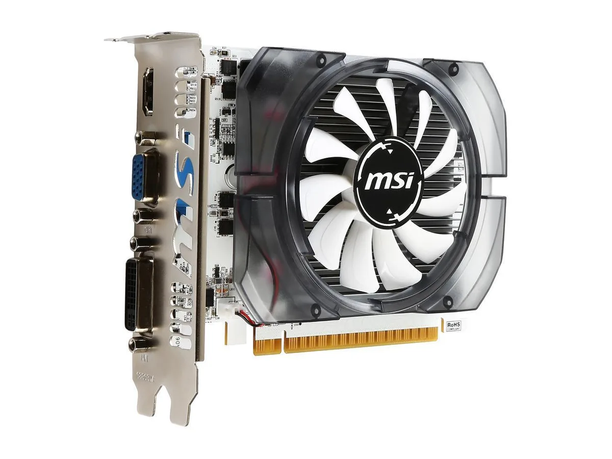 MSI GeForce GT 730 graphics card with dual-slot cooler, single fan, black PCB and metal bracket showing HDMI DVI VGA ports