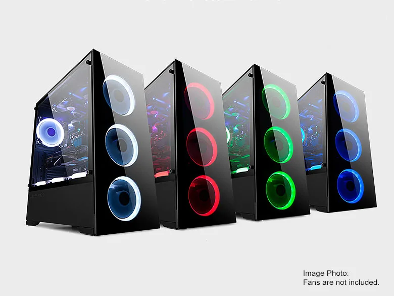 Mid tower case with tinted tempered glass front and side panels, steel right panel, bottom PSU mount
