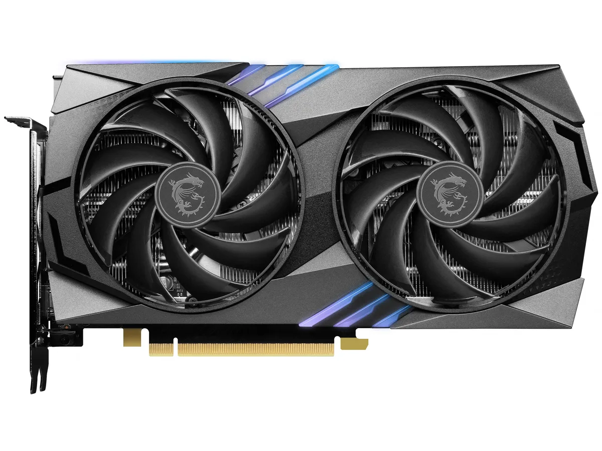 Black dual-fan graphics card with silver accents and a metal backplate
