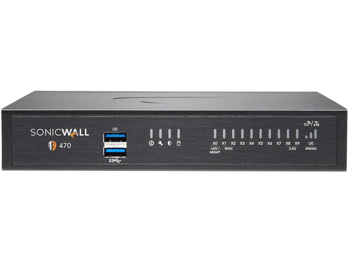 Small white desktop firewall box with front port array