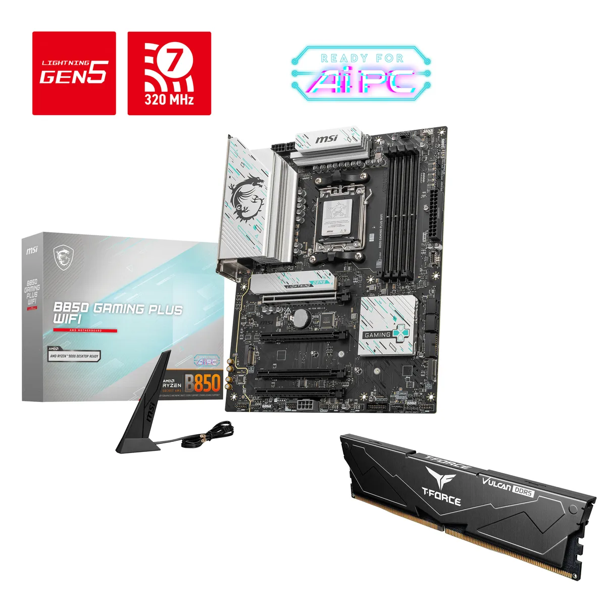 Black ATX motherboard with silver heatsinks and a single black DDR5 memory module with silver heatspreader