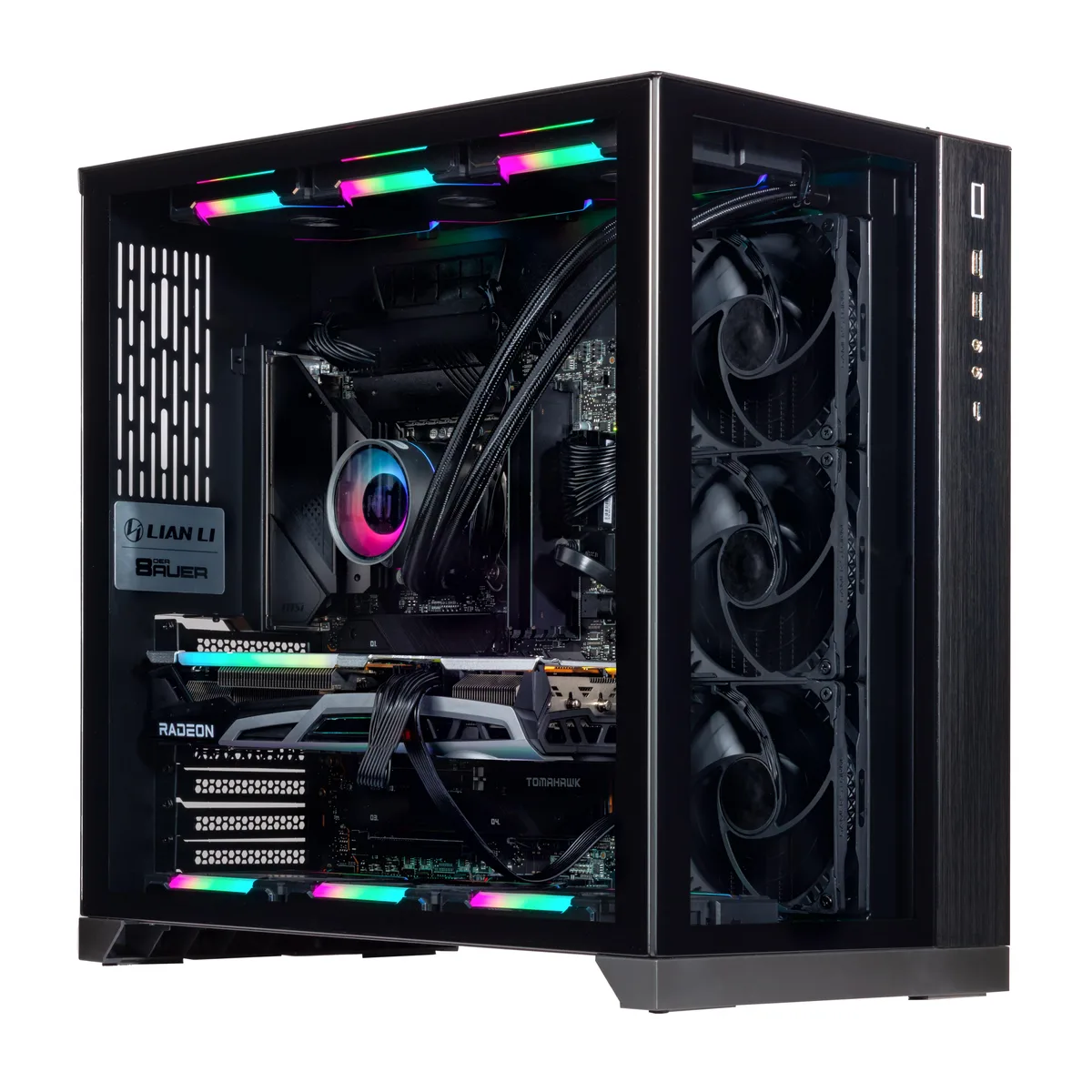Black desktop tower with RGB liquid cooling visible inside