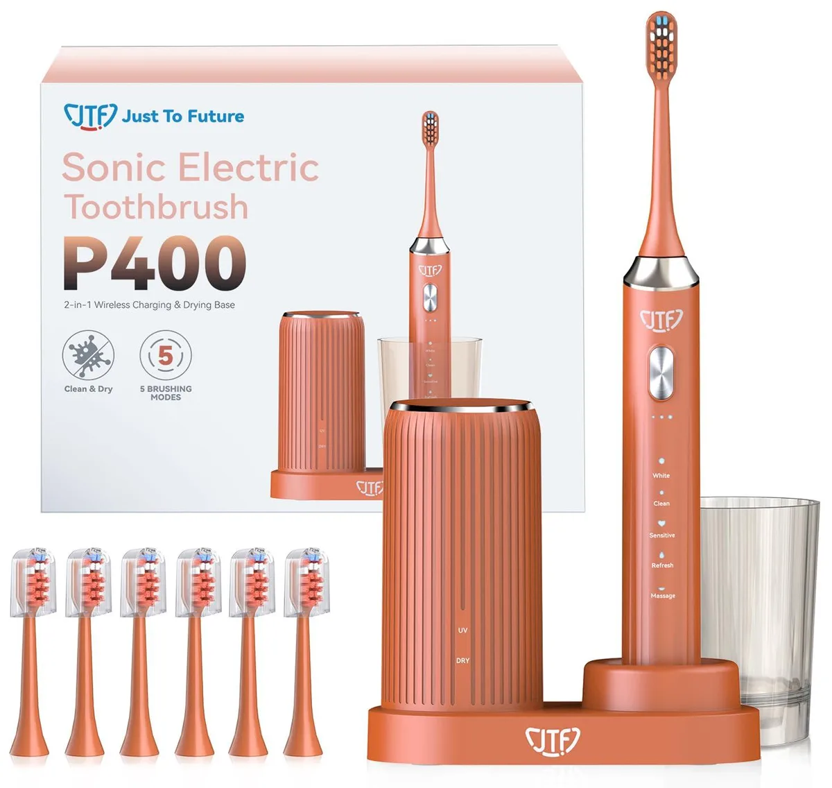  JTF P400 Sonic Electric Toothbrush Orange UV Drying Base 6 Heads 5 Modes IPX7 60-Day Battery — foto produk