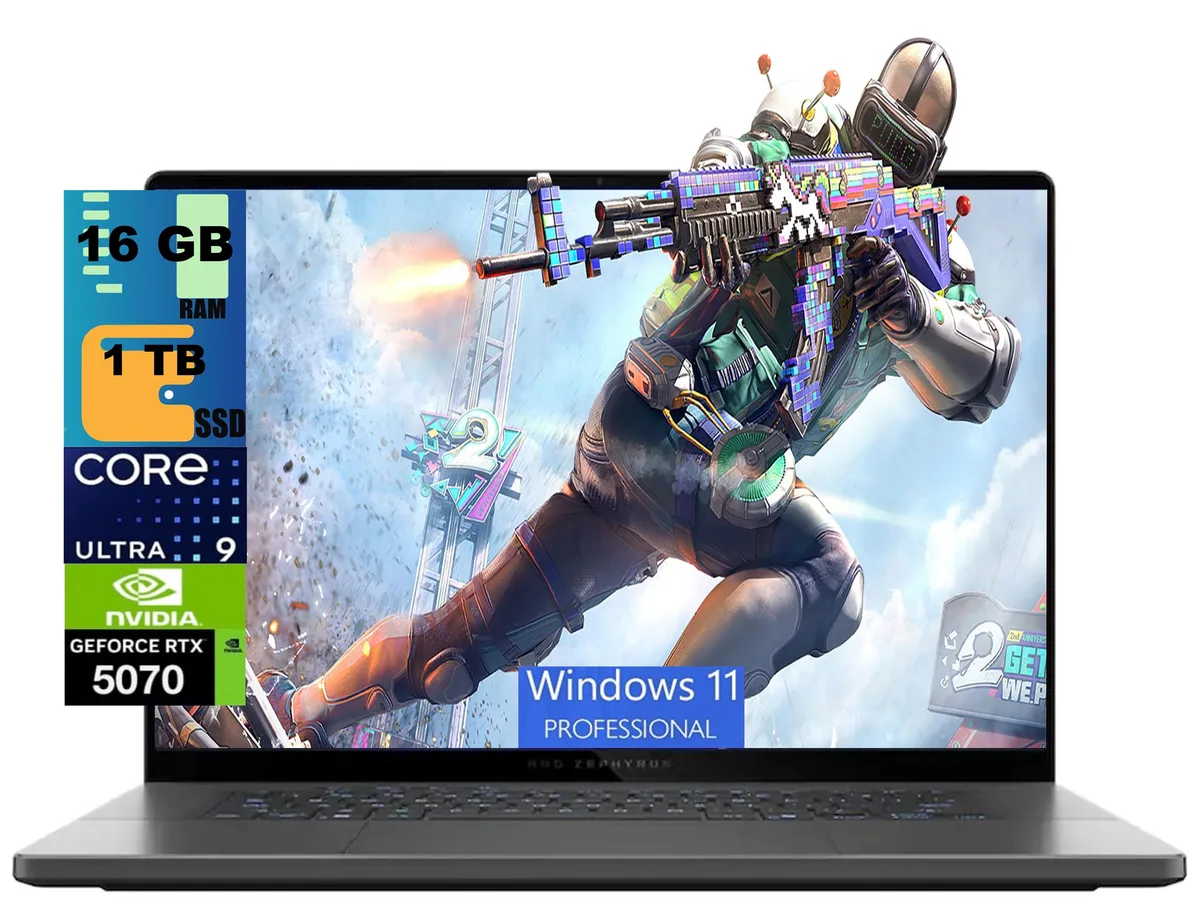 Grey 16.0 inch laptop, slim profile, RGB backlit keyboard, OLED screen visible