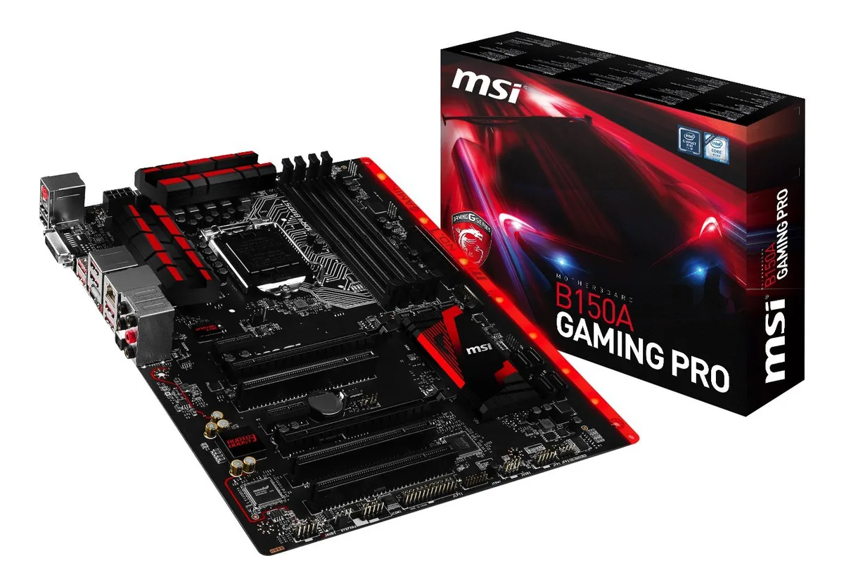 ATX motherboard with black PCB and red accents