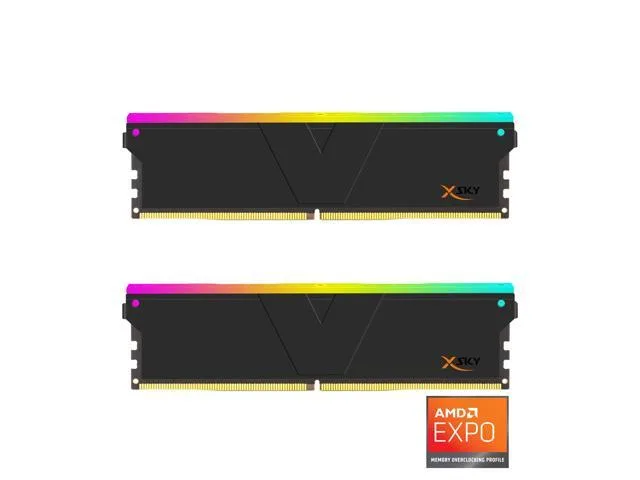 Two black DDR5 memory modules with RGB lighting and heatsinks