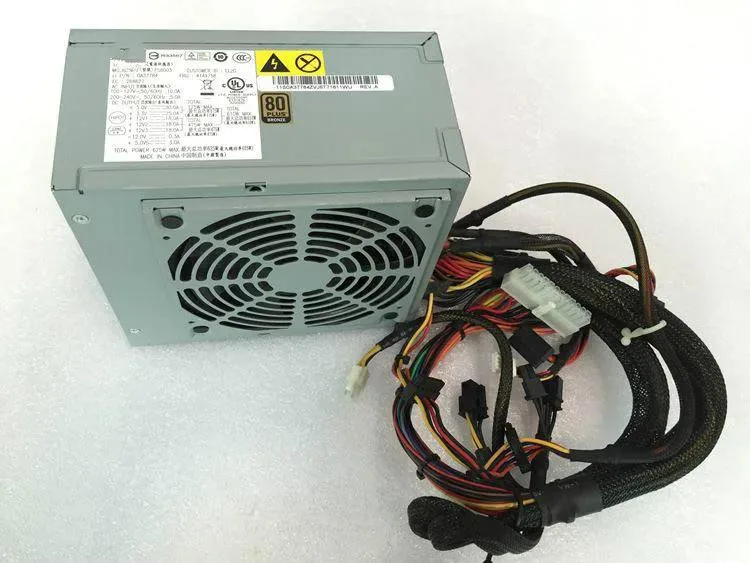 Rectangular metal PSU unit with rear fan grille and side label showing 625W