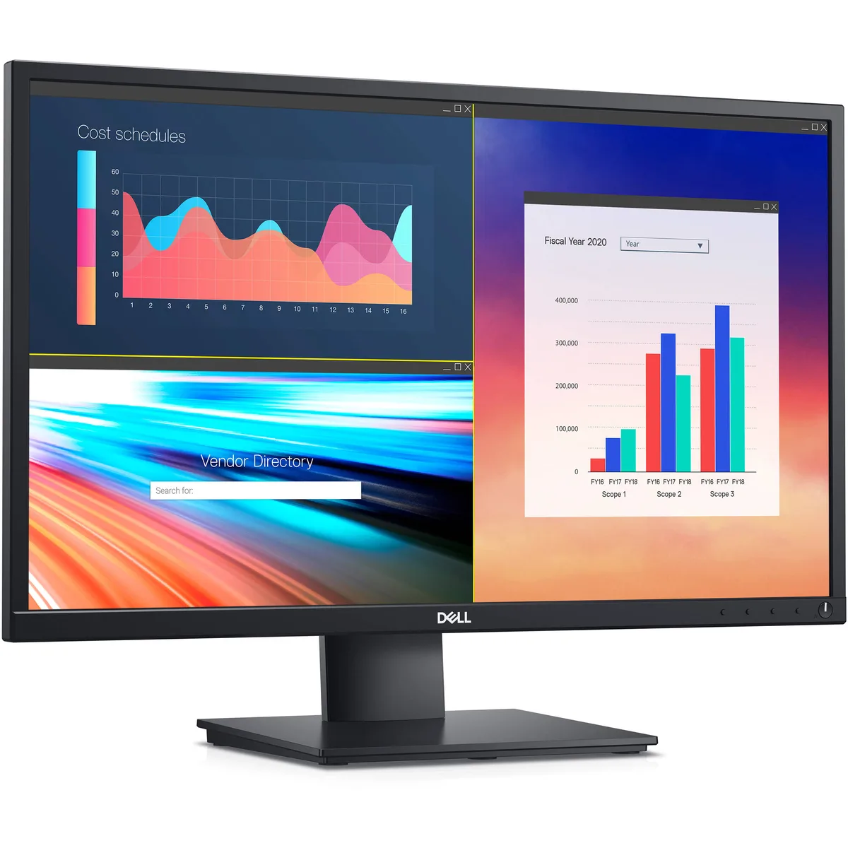 Black 24-inch flat-panel monitor on tilt stand with thin bezels