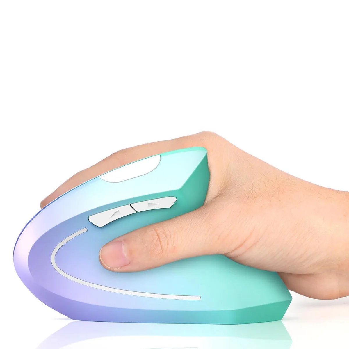 Green and purple vertical wireless mouse with six buttons, right-hand ergonomic shape